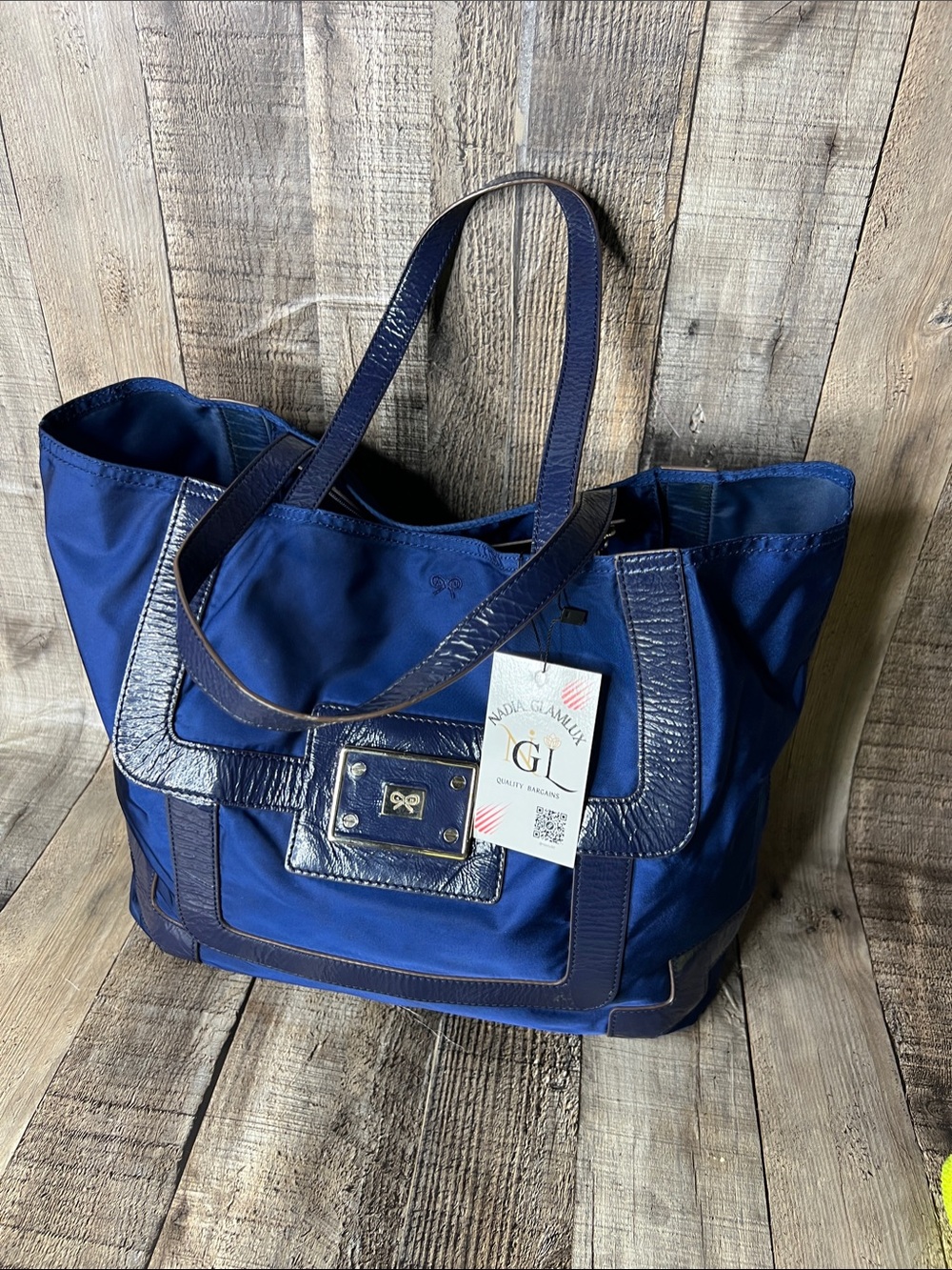 Anya Hindmarch Navy Blue Logo Plaque Medium Tote Bag